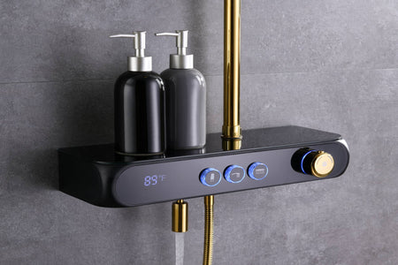 Versatile 3-Function Gold Thermostatic Shower Set with Digital Display, Hand Shower, Tub Spout - Independent and Simultaneous Functionality - wonderland shower inc