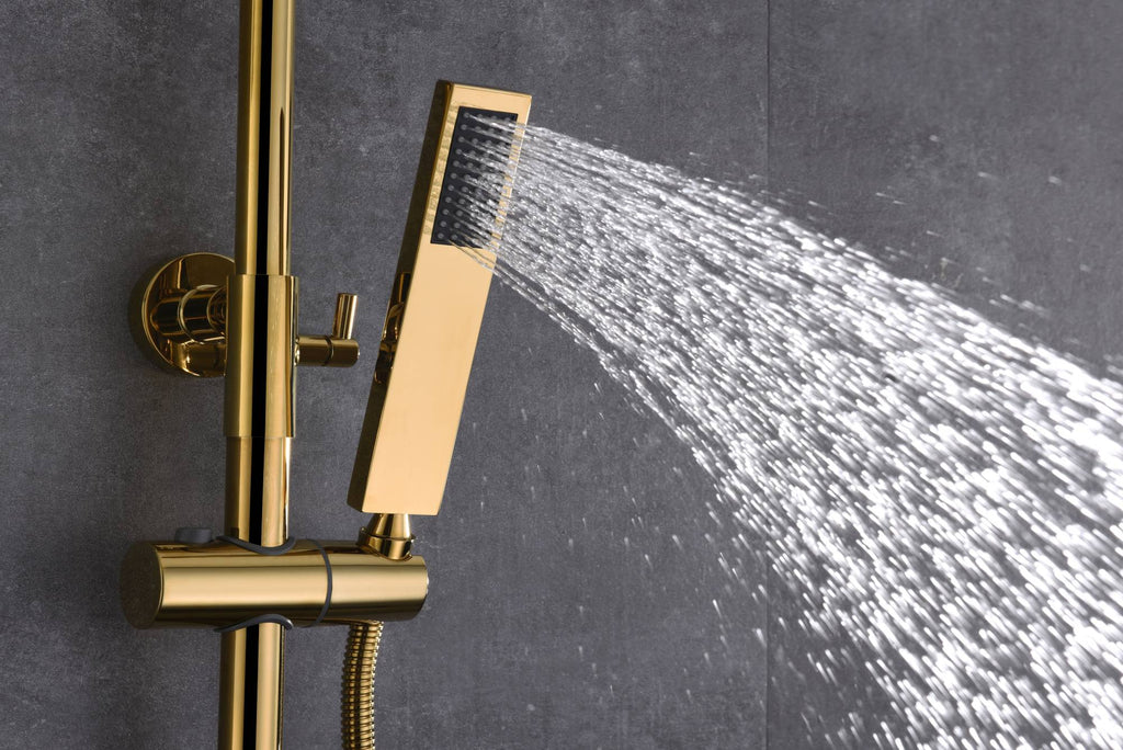 Versatile 3-Function Gold Thermostatic Shower Set with Digital Display, Hand Shower, Tub Spout - Independent and Simultaneous Functionality - wonderland shower inc