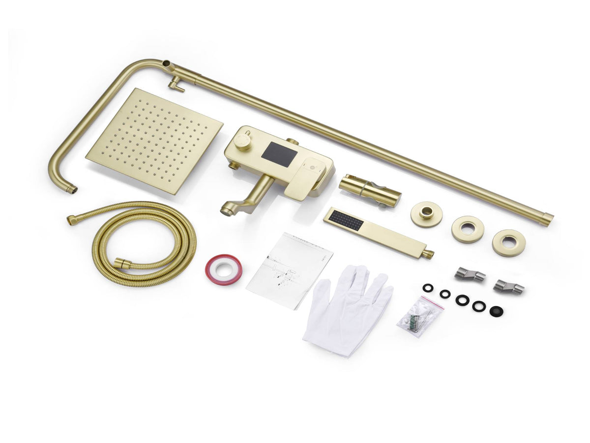 Sleek Digital Brushed Gold Wall-Mounted Rain Shower and Bathtub Mixer with Handheld Shower - wonderland shower inc