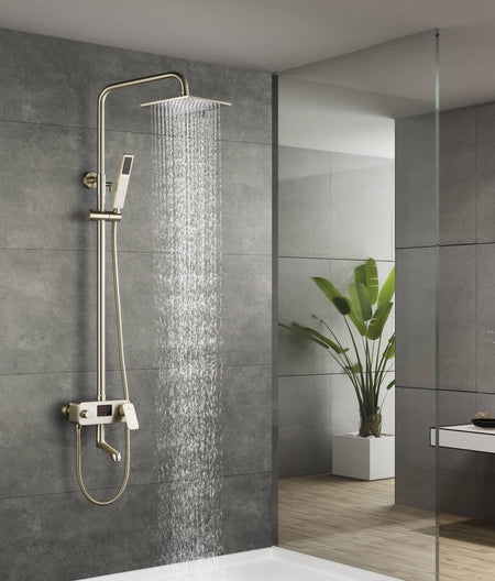 Sleek Digital Brushed Gold Wall-Mounted Rain Shower and Bathtub Mixer with Handheld Shower - wonderland shower inc