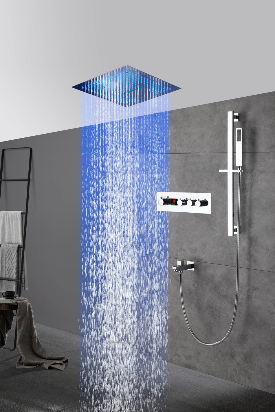 16-Inch Chrome Digital Thermostatic Shower System: 3-Way Control, Flush-Mounted, 64-Color LED Lighting, Bluetooth Music, Rainfall & Waterfall Features