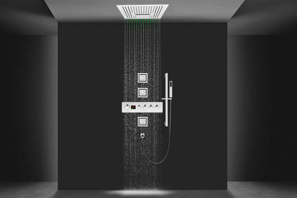 16-Inch Chrome Digital Thermostatic Shower Faucet: 4-Way Control, Flush-Mounted, 64-Color LED Shower Head, Body Jets, and Sliding Bar Features