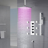 Chrome 12 inch or 16 inch LED light ceiling mount 3 way thermostatic shower faucet with 6 body jets and sliding bar
