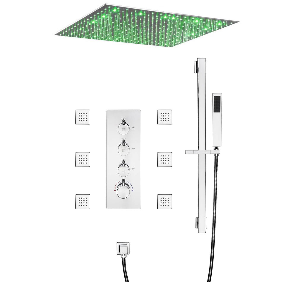 Chrome 20inch 3 LED colors 3 way digital thermostatic shower faucet with 6 body jets and sliding bar