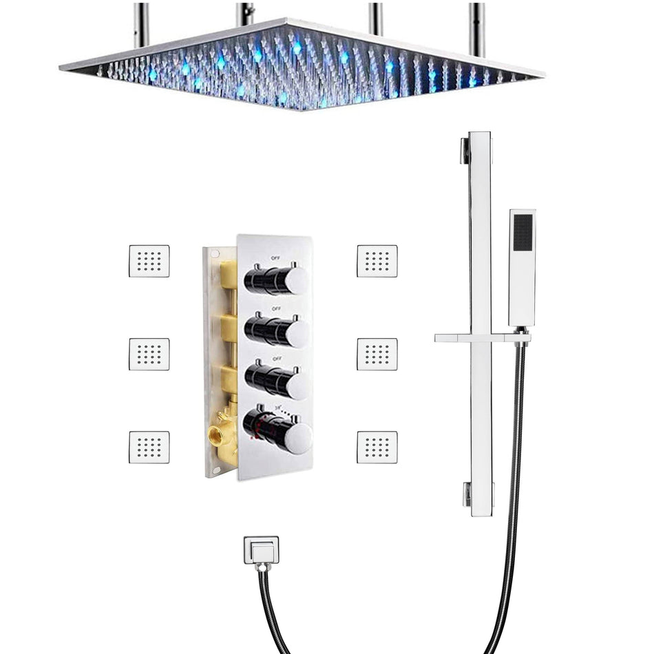 Chrome 20inch 3 LED colors 3 way digital thermostatic shower faucet with 6 body jets and sliding bar