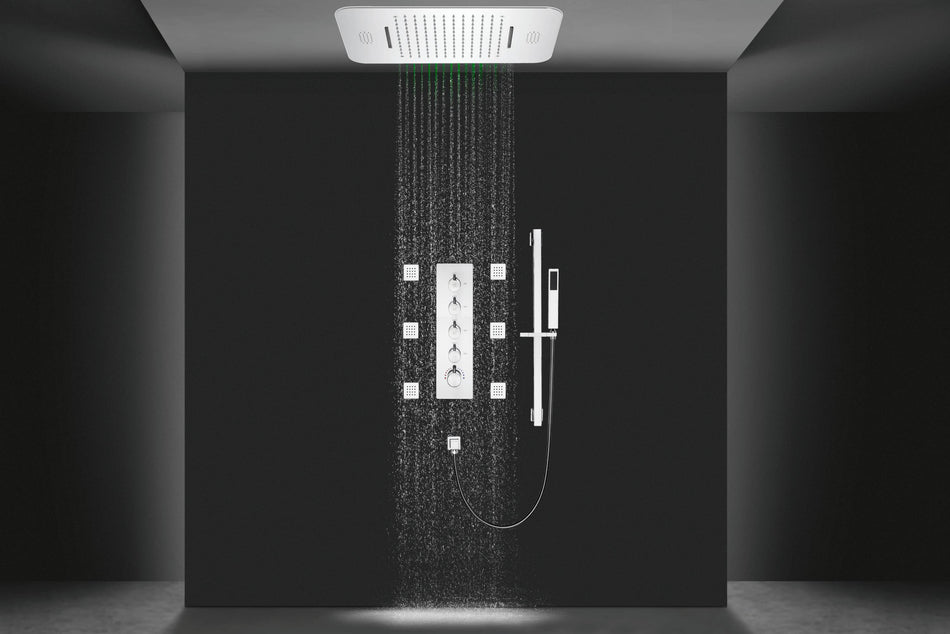 64 LED colors chrome music led flushed in 23x15inch shower head 4 way thermostatic valve with sliding bar that each function run at the same time and separately