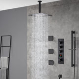 matte black ceiling mount 12 inch or 16 inch rain head 3 way digital display thermostatic shower faucet with large body sprayers