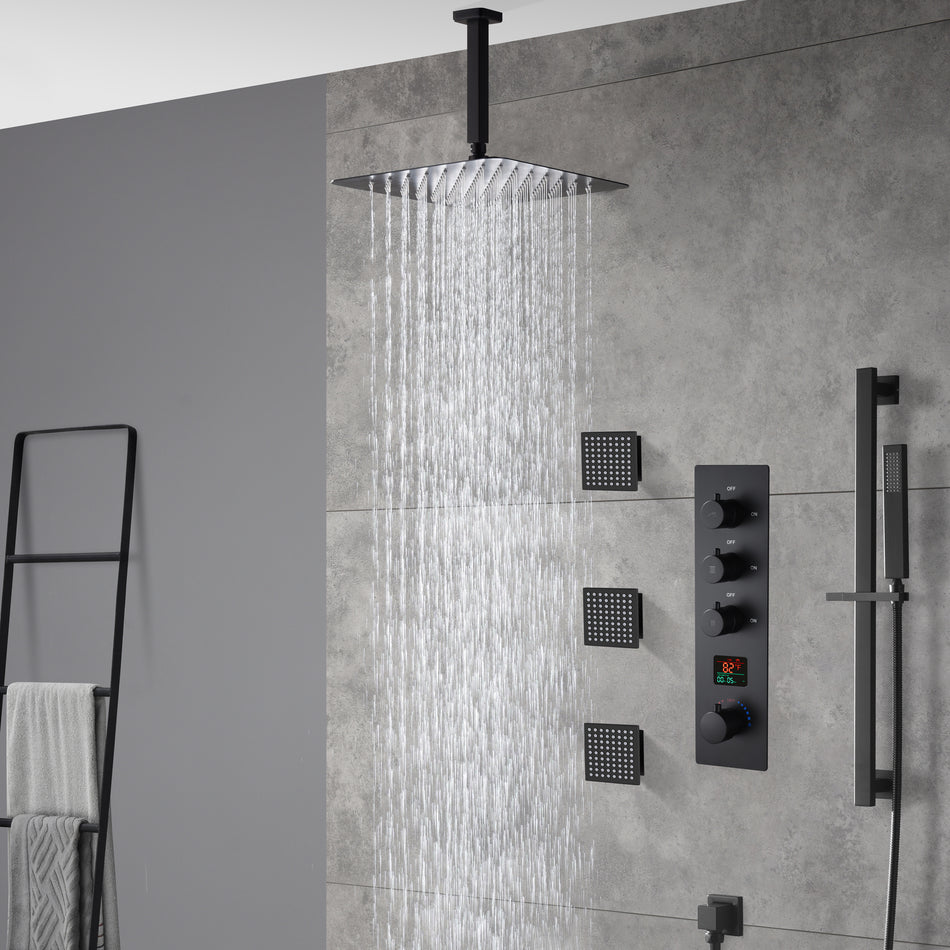 matte black ceiling mount 12 inch or 16 inch rain head 3 way digital display thermostatic shower faucet with large body sprayers