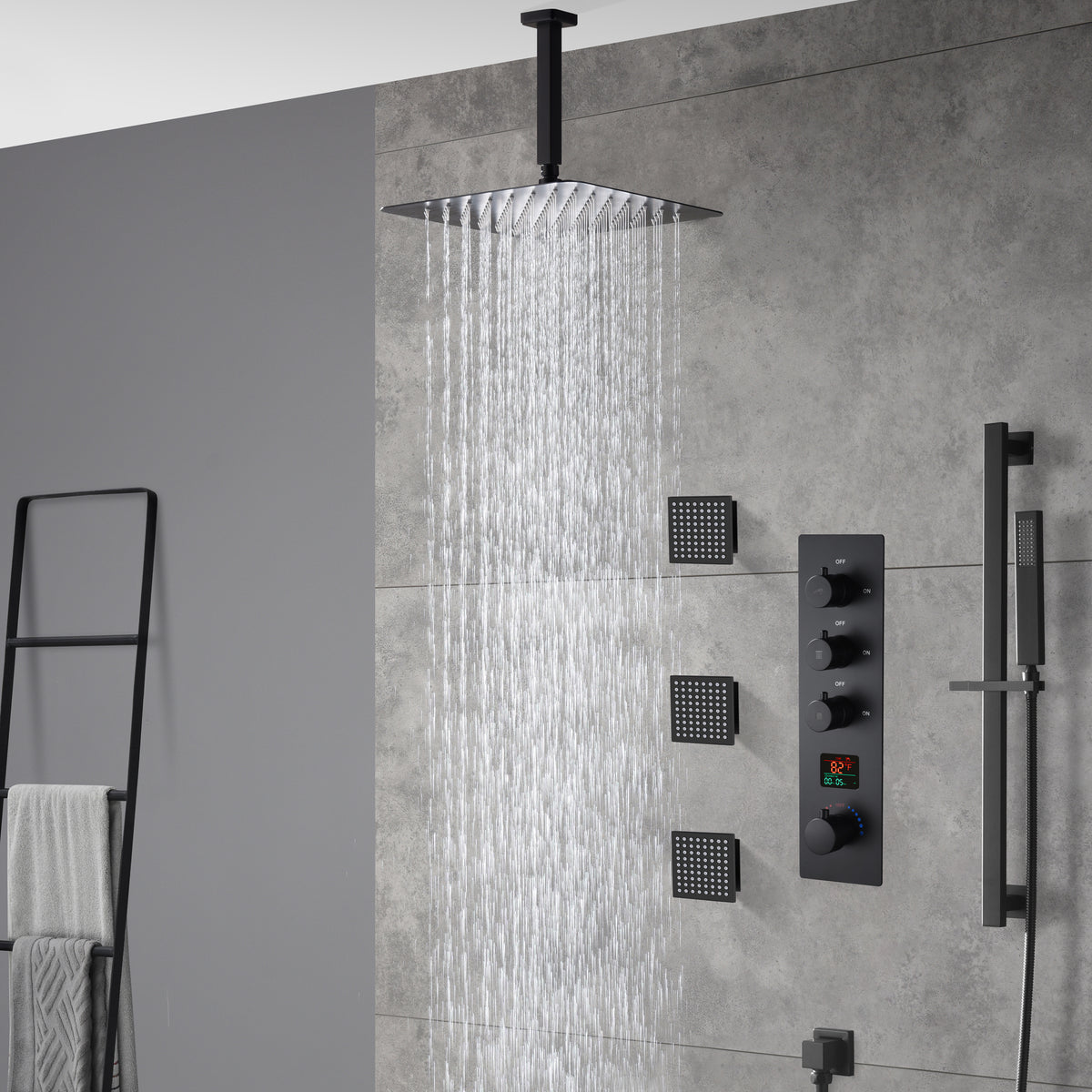 matte black ceiling mount 12 inch or 16 inch rain head 3 way digital d ...