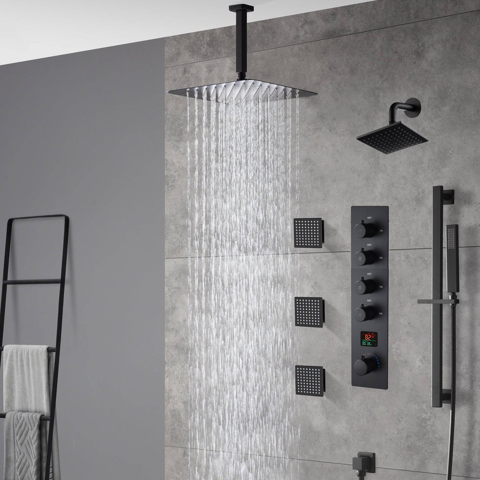 Matte Black Ceiling-Mounted 4-Way Digital Thermostatic Shower System with Regular and Rainfall Heads 12'' or 16'', Optional LED Light Feature