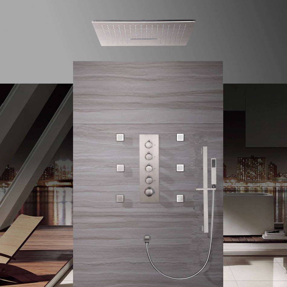 20 inch Brushed nickel ceiling mount rainfall waterfall shower systems 4 way thermostatic valve with 6 body jets and sliding bar