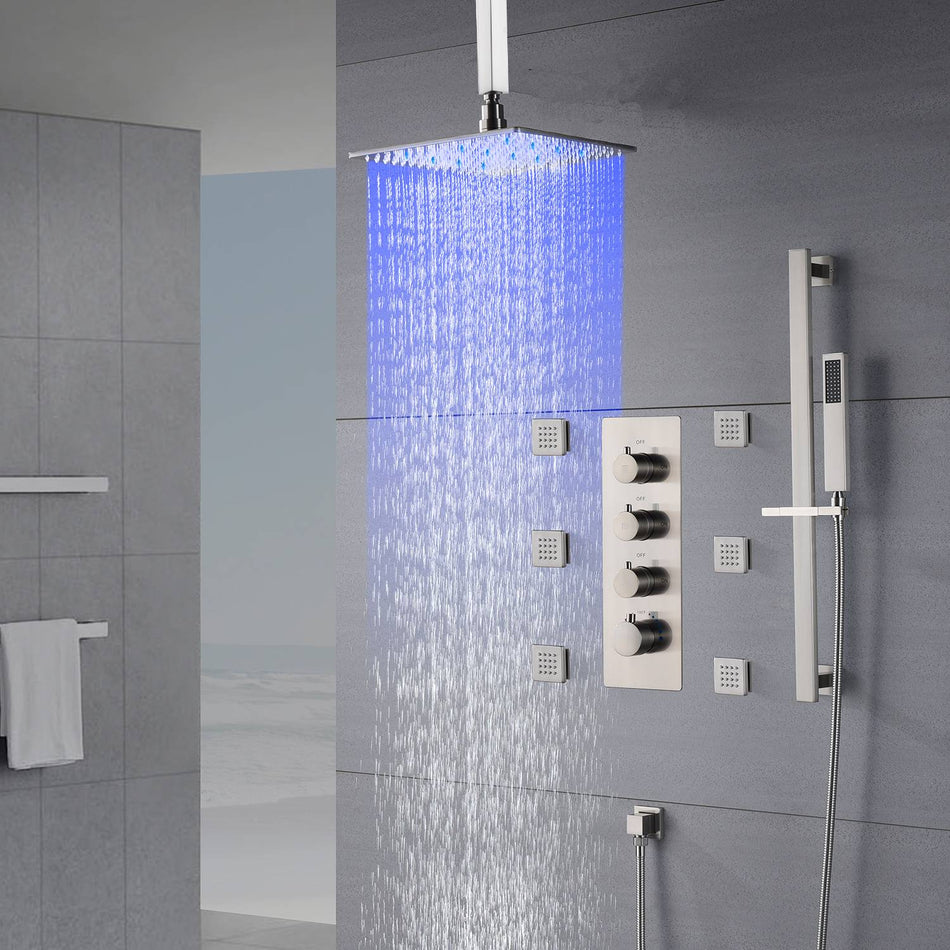 Brushed Nickel Ceiling-Mounted Rain Shower System: Available in 12'' or 16'', with Optional LED Light, Includes 6 Body Jets and 3-Way Thermostatic Shower Faucet, Each Function Works Simultaneously or Separately