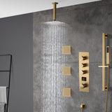 Brushed gold ceiling mount 12 inch or 16 inch or 20 inch rain head 3 way digital display thermostatic shower faucet with large body sprayers