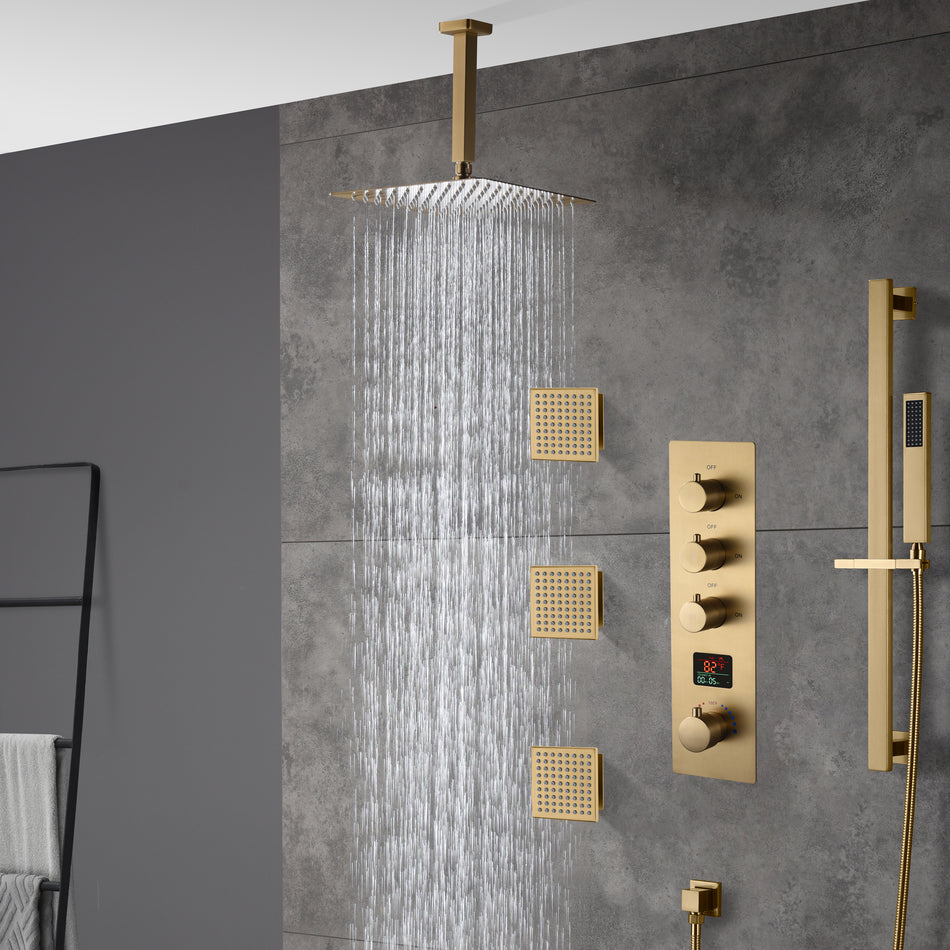 Brushed gold ceiling mount 12 inch or 16 inch or 20 inch rain head 3 way digital display thermostatic shower faucet with large body sprayers