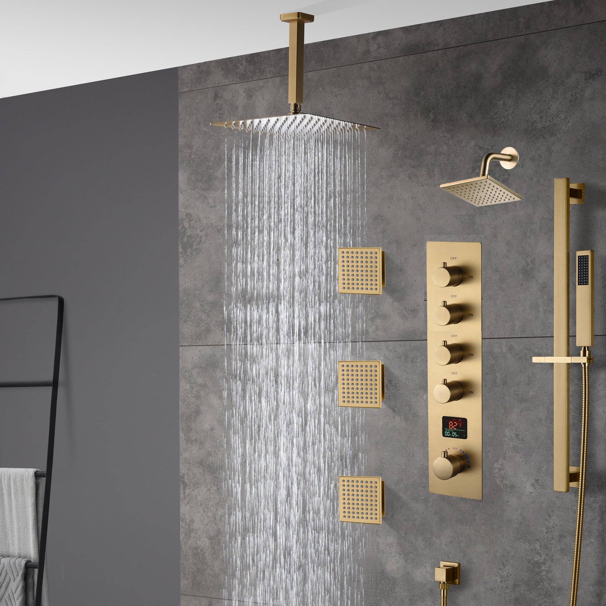 Brushed gold ceiling mount 12 inch or 16 inch rain head 4 way digital