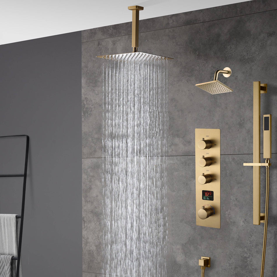 Brushed gold ceiling mount 12 inch or 16 inch rain head 3 way digital display thermostatic shower faucet with  Regular head wall mount