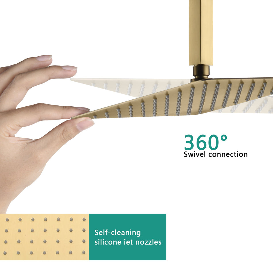 Brushed gold ceiling mount 12 inch or 16 inch rain head 3 way digital display thermostatic shower faucet with  Regular head wall mount