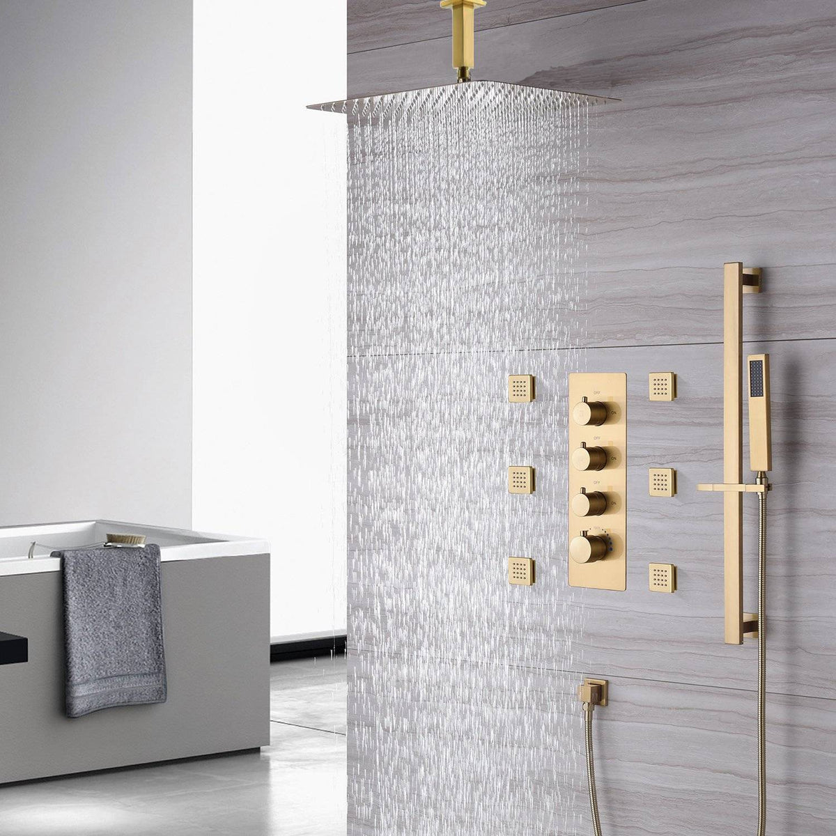 Brushed gold Ceiling mount 12 inch or 16 inch rainfall shower head 3 w ...