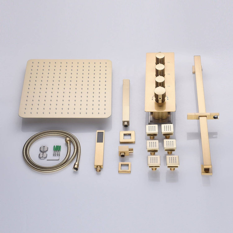 Brushed gold Ceiling mount 12 inch or 16 inch rainfall shower head 3 way thermostatic shower faucet with sliding bar and 6 body jets