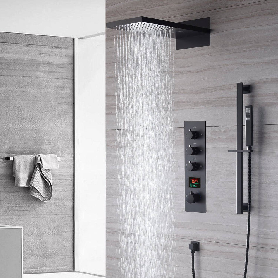 waterfall rainfall 22'' matte black 3 Way digital display Thermostatic Shower Faucet system with sliding bar