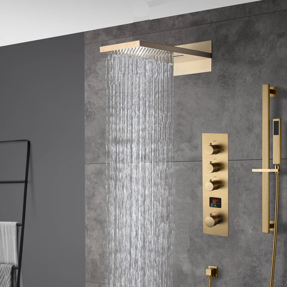 The Exquisite 22-Inch Brushed Gold 3-Way Digital Display Thermostatic Shower Valve System with Simultaneous and Individual Functionality