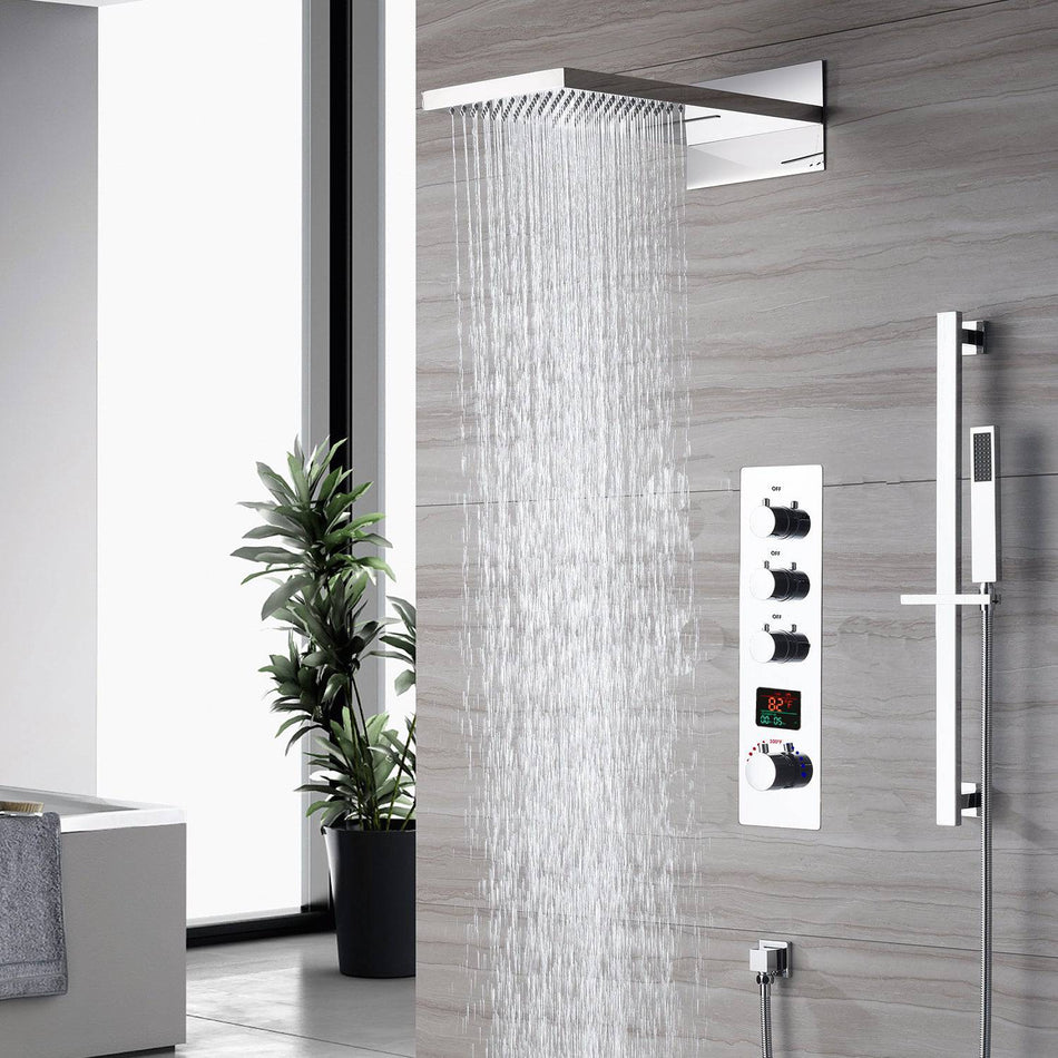 Rainfall waterfall 22'' chrome 3 Way digital display Thermostatic Shower Faucet system with sliding bar