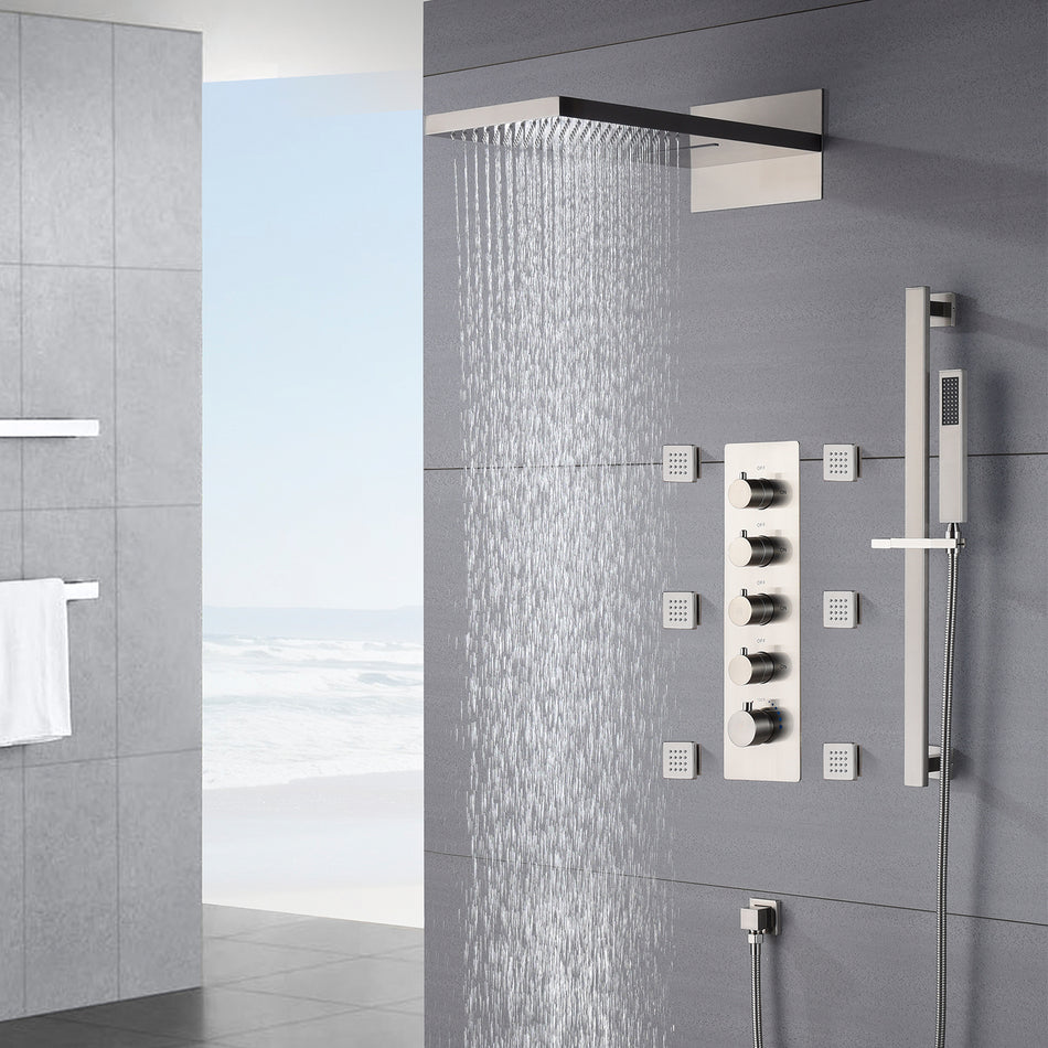 The Ultimate 22'' Brushed Nickel 4-Way Thermostatic Shower Faucet with Waterfall, Rain Massage, Body Jet Spray, and Sliding Bar