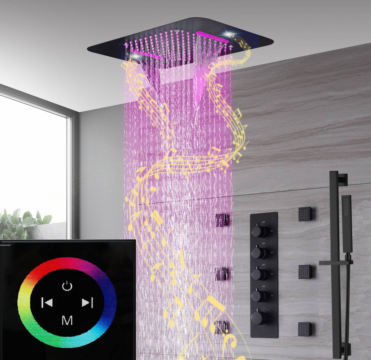matte black 23 inch rainfall waterfall 64 LED lights Bluetooth Music s ...