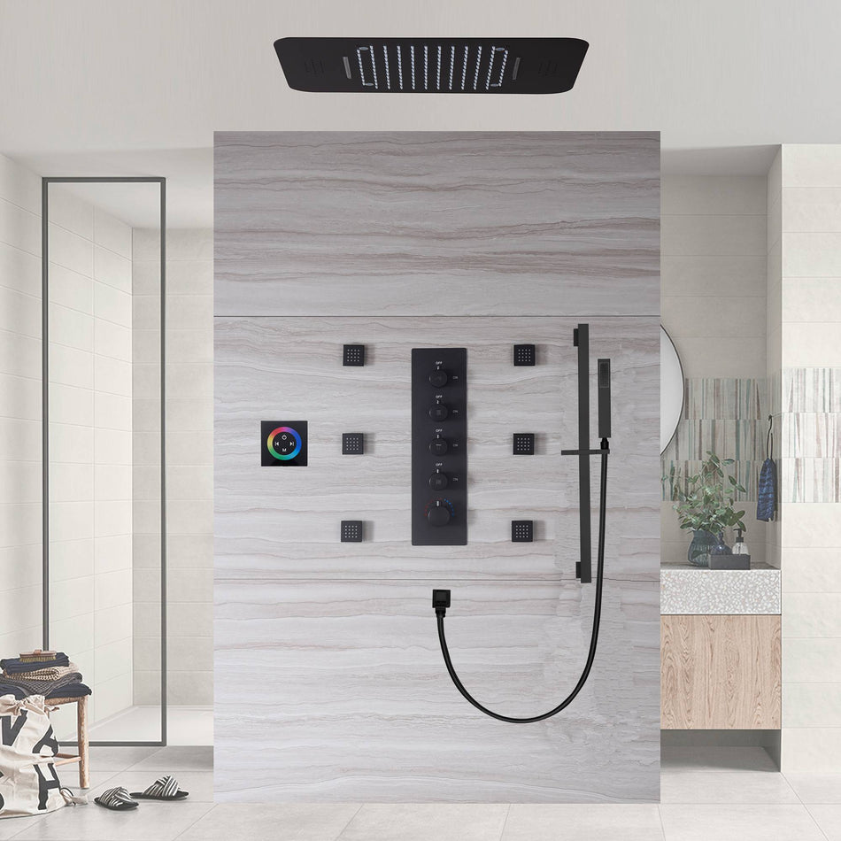matte black 23 inch rainfall waterfall 64 LED lights Bluetooth Music shower 4 way thermostatic shower system sliding bar with to touch panel and 6 body jets