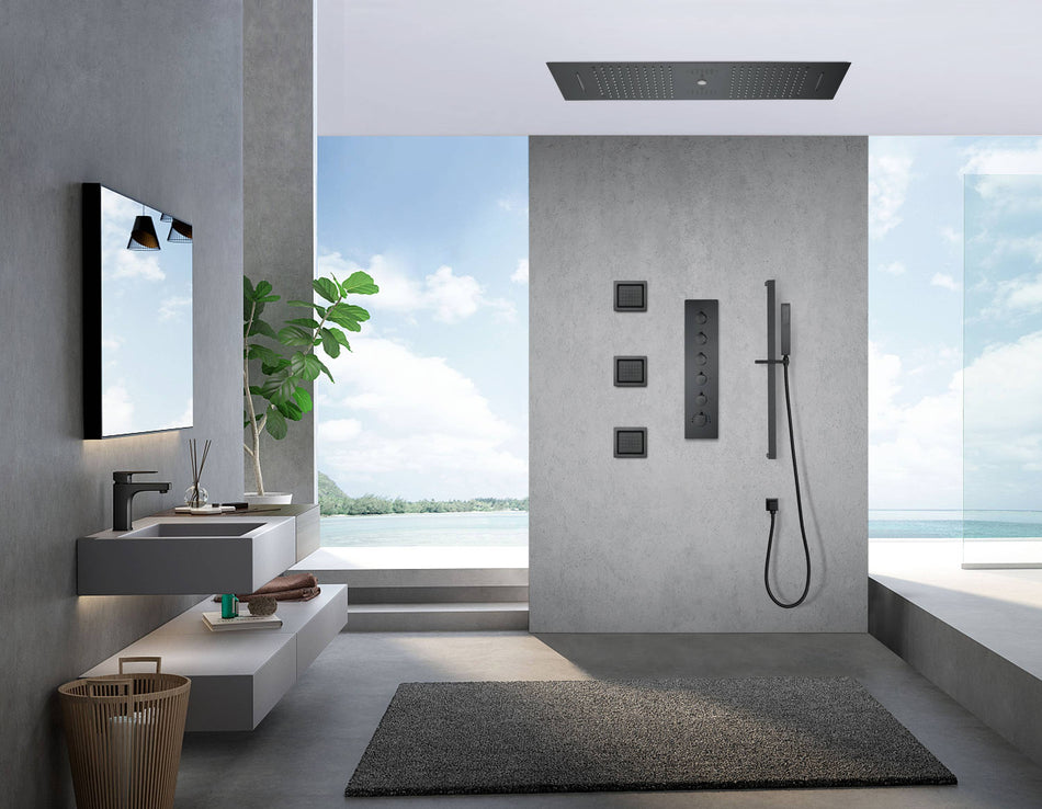 Matte Black 35" Bluetooth Music LED Shower System with Waterfall, 5-Way Thermostatic Valve, 3 Body Jets, Touch Panel