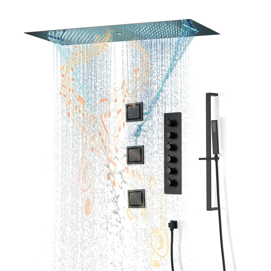 Matte Black 35" Bluetooth Music LED Shower System with Waterfall, 5-Way Thermostatic Valve, 3 Body Jets, Touch Panel