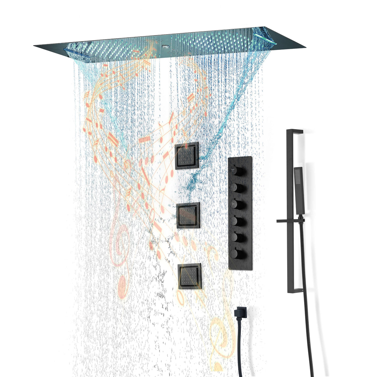 Matte Black 23x15-Inch LED Music Shower Head with 4-Way Thermostatic S–  wonderland shower inc