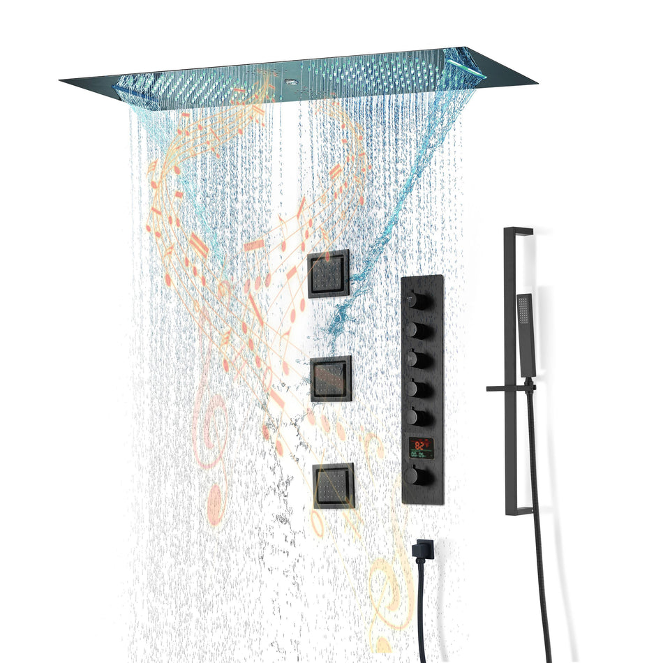 Matte Black 35" Bluetooth Music LED Shower System with Waterfall, 5-Way Digital Thermostatic Valve, 3 Body Jets, Touch Panel