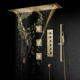 Brushed Gold 35-Inch LED Rainfall, Waterfall and Water Column Shower System with Bluetooth Music, 5-Way Thermostatic Valve, 3 Body Jets, Touch Panel, and Sliding Bar