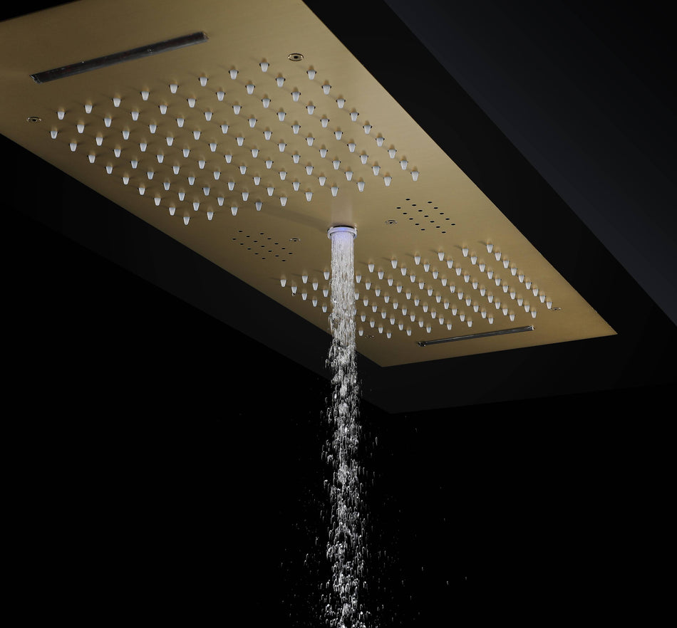 Brushed Gold or matte black or chrome 36-Inch Rainfall Waterfall Water Column Shower Head with Bluetooth Music and 64 LED Lights