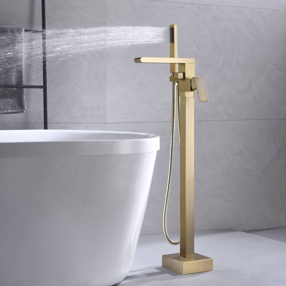 Deluxe Waterfall Freestanding Tub Filler Faucet in Brushed Gold Finish with Single Handle, Hand Shower, and Pressure Balance