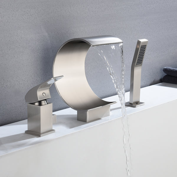 Brushed Nickel Bathtub Faucet Waterfall Mixer Faucet with Hand Shower Deck Mount - wonderland shower inc