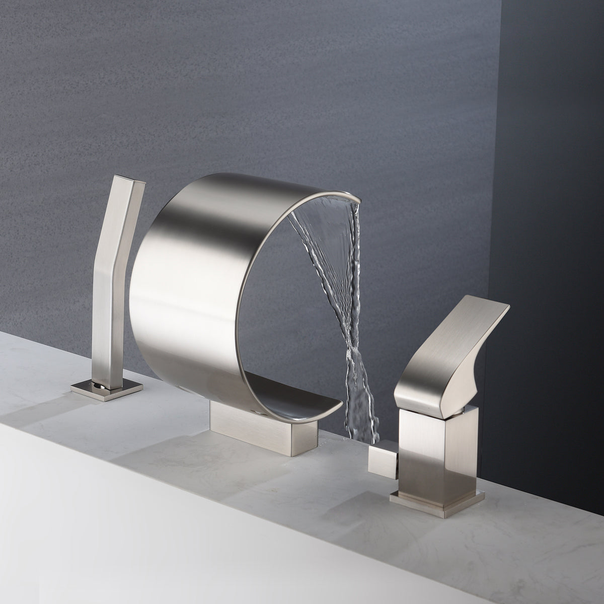 Brushed Nickel Bathtub Faucet Waterfall Mixer Faucet with Hand Shower Deck Mount - wonderland shower inc