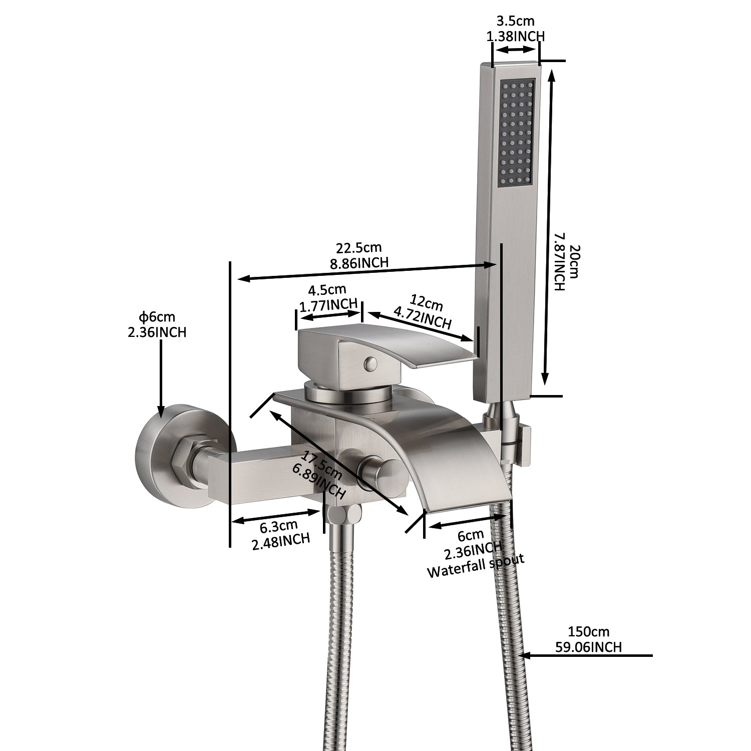 Brushed Nickel Waterfall Wall-Mount Bath Tub Filler Faucet: Complete with Handheld Shower for a Luxurious Bathing Experience - wonderland shower inc