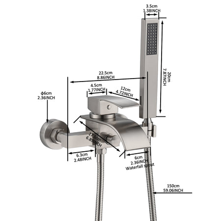 Brushed Nickel Waterfall Wall-Mount Bath Tub Filler Faucet: Complete with Handheld Shower for a Luxurious Bathing Experience - wonderland shower inc
