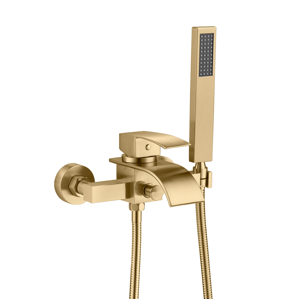 Waterfall Wall-mount Bath Tub Filler Faucet with Handheld Shower Brushed Gold