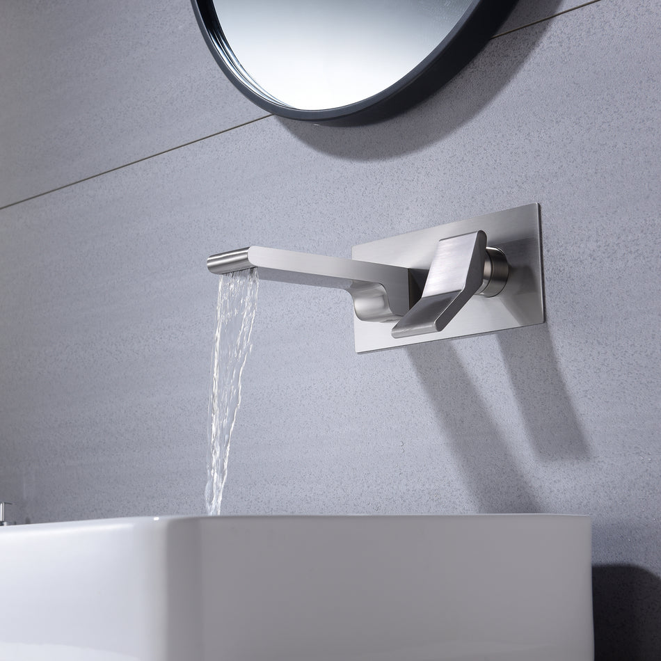 Brushed nickel waterfall wall mount Single handle bathroom sink faucet with overflow brass pop up drain