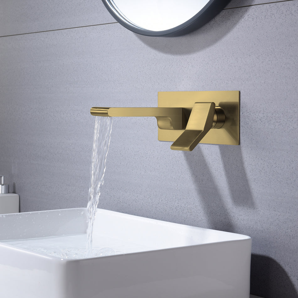 Brushed Gold waterfall Wall mount  single handles bathroom sink faucet with brass pop up overflow drain