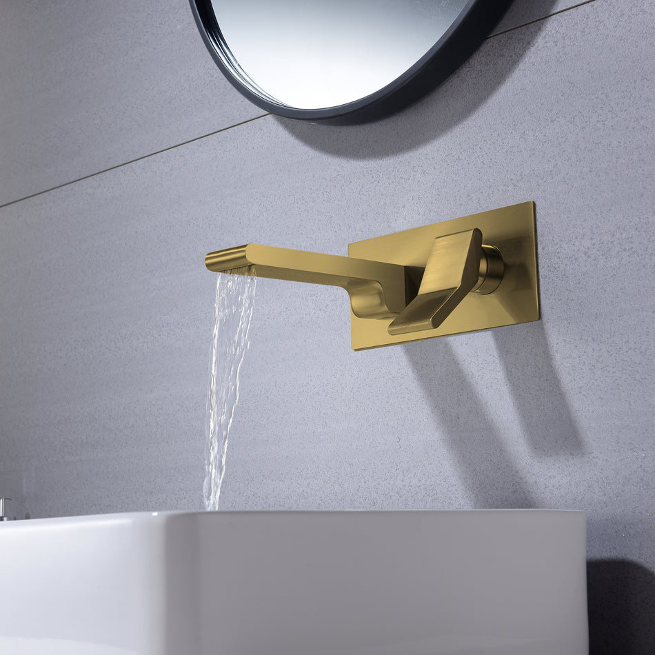 Brushed Gold waterfall Wall mount  single handles bathroom sink faucet with brass pop up overflow drain
