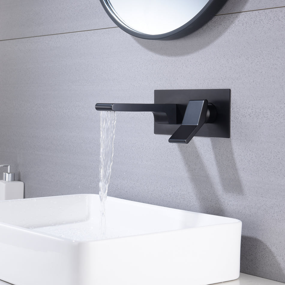 matte black waterfall wall mount single handle bathroom  sink faucet with overflow brass pop up drain