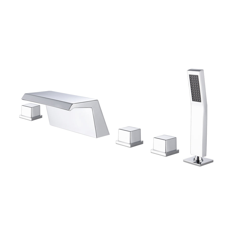 Waterfall Tub Filler Bathtub Faucet Chrome 5-Hole 3-Handle Solid Brass Bathroom Bath Tub Faucets Mixer Tap with Hand Shower - wonderland shower inc