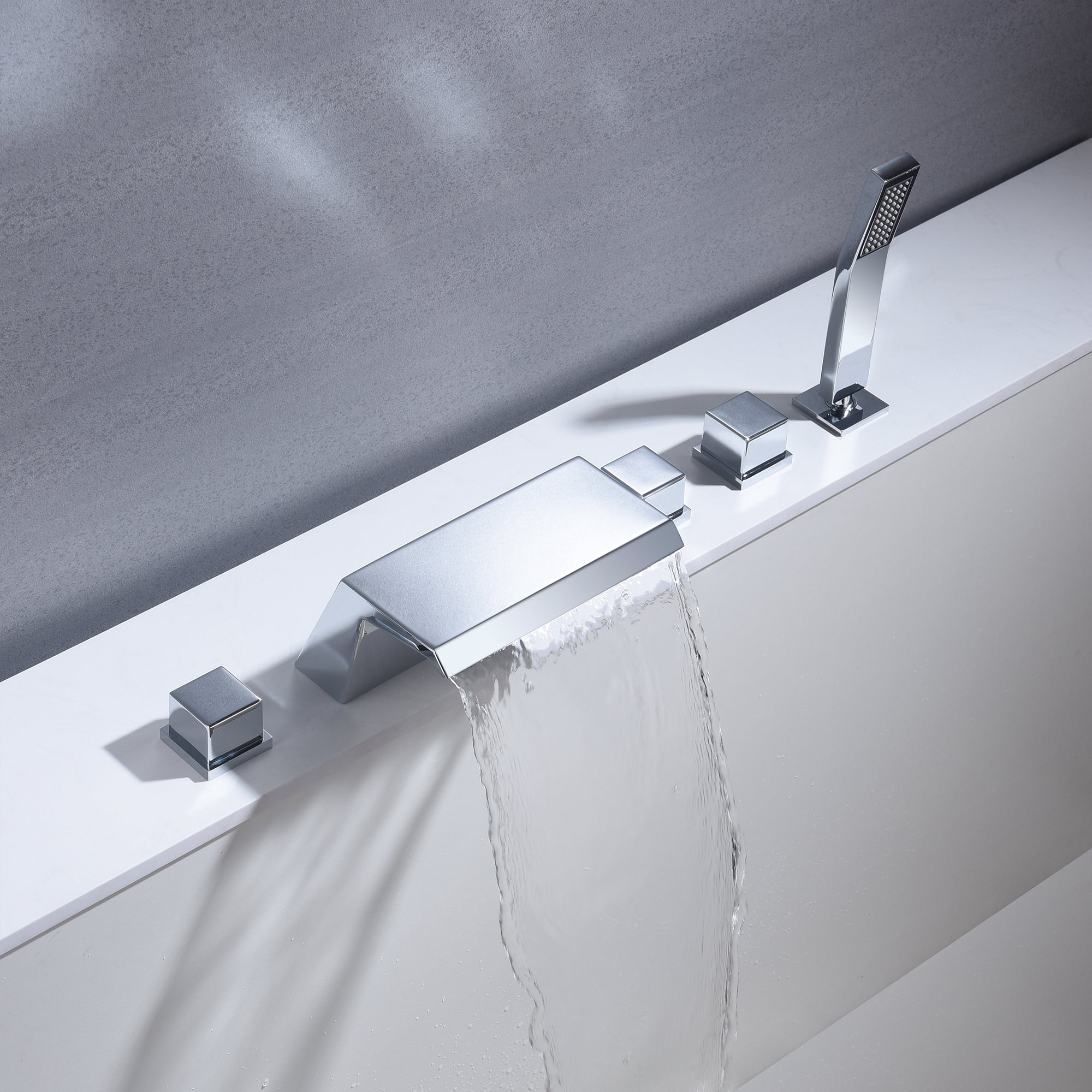 Waterfall Tub Filler Bathtub Faucet Chrome 5-Hole 3-Handle Solid Brass Bathroom Bath Tub Faucets Mixer Tap with Hand Shower - wonderland shower inc