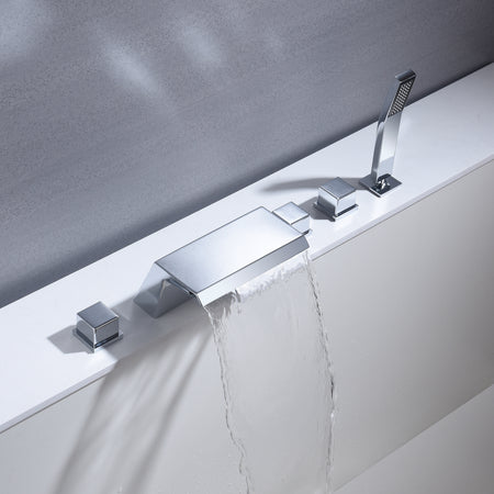 Waterfall Tub Filler Bathtub Faucet Chrome 5-Hole 3-Handle Solid Brass Bathroom Bath Tub Faucets Mixer Tap with Hand Shower - wonderland shower inc