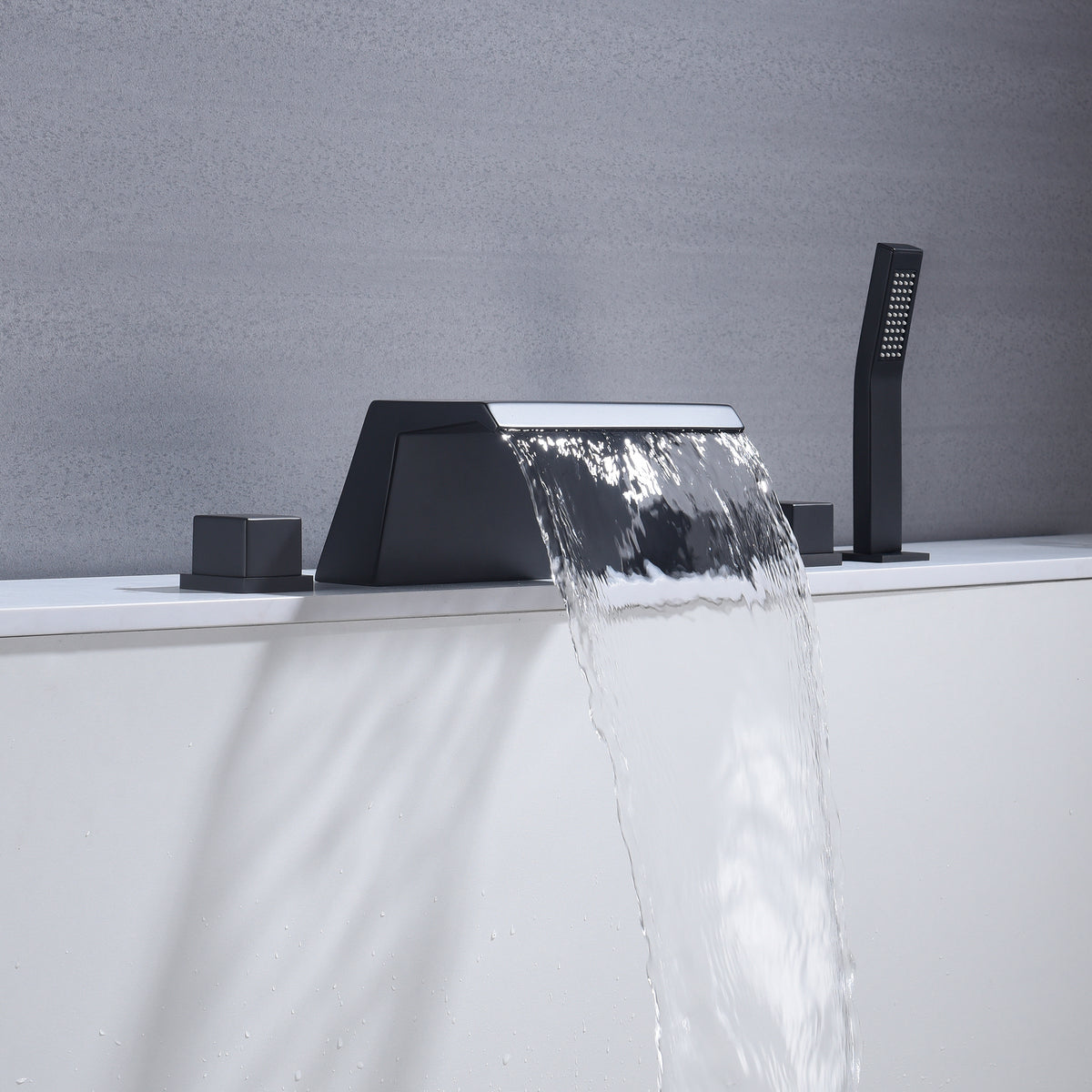 Waterfall Tub Filler Bathtub Faucet Matte Black 5-Hole 3-Handle Solid Brass Bathroom Bath Tub Faucets Mixer Tap with Hand Shower - wonderland shower inc