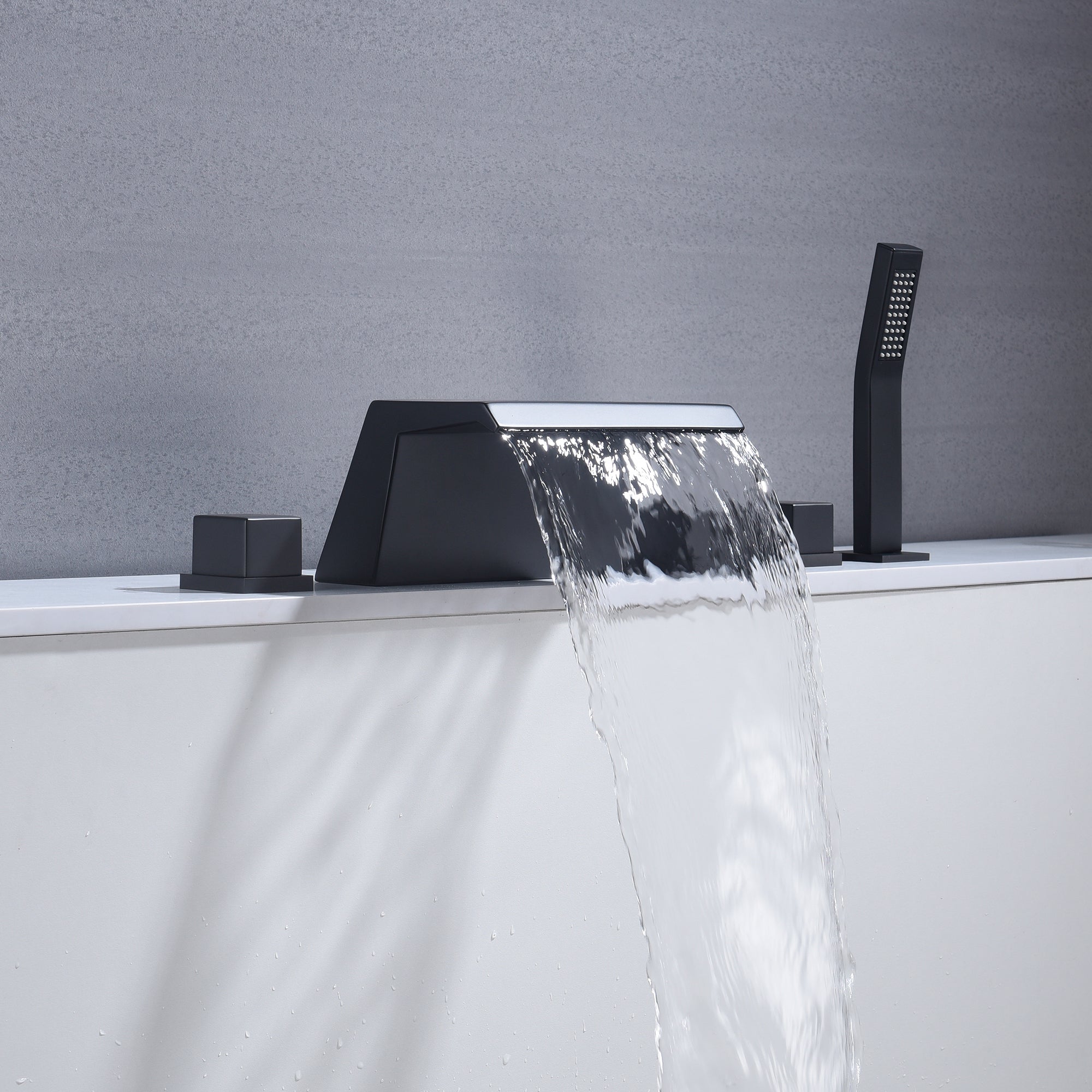 Waterfall Tub Filler Bathtub Faucet Matte Black 5-Hole 3-Handle Solid Brass Bathroom Bath Tub Faucets Mixer Tap with Hand Shower - wonderland shower inc